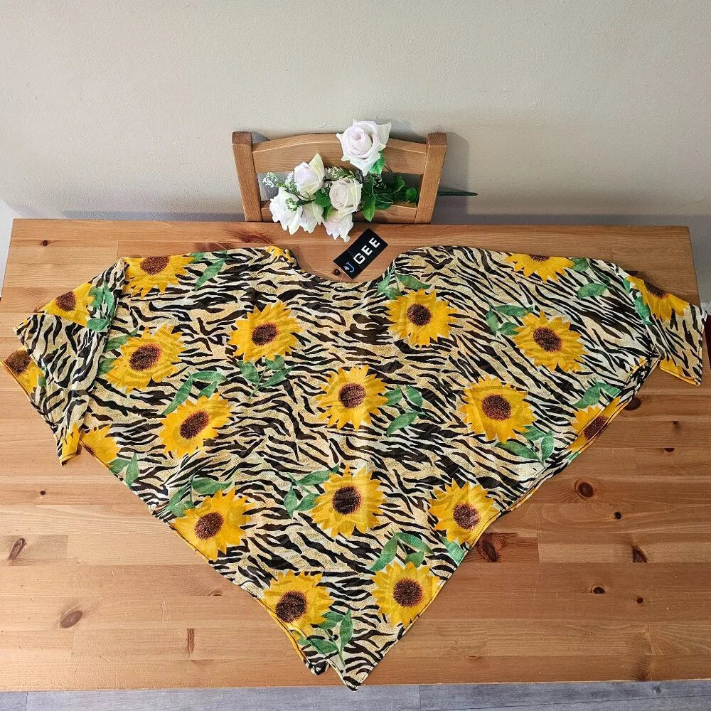 J GEE - Vintage Triangular Shawl Wrap Sunflowers Women Black - Picture 3 of 10